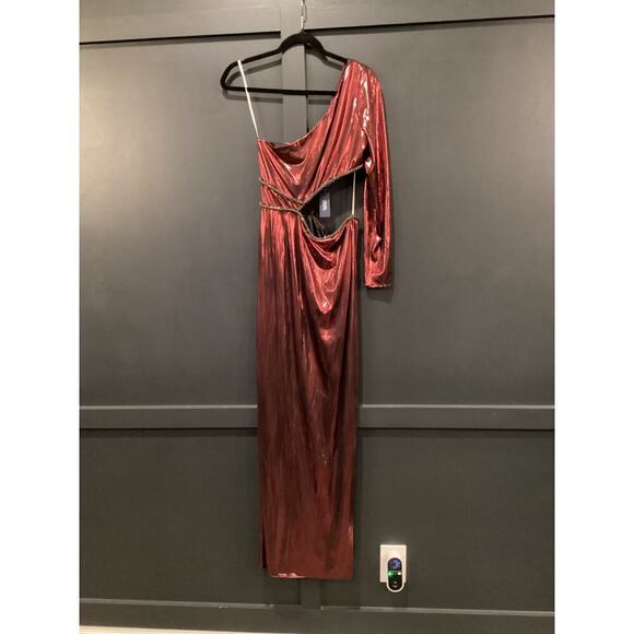 Marchesa Notte One-Shoulder slit Gown Metallic Red Cut Out Maxi Midi Dress 8 NWT - Picture 4 of 17